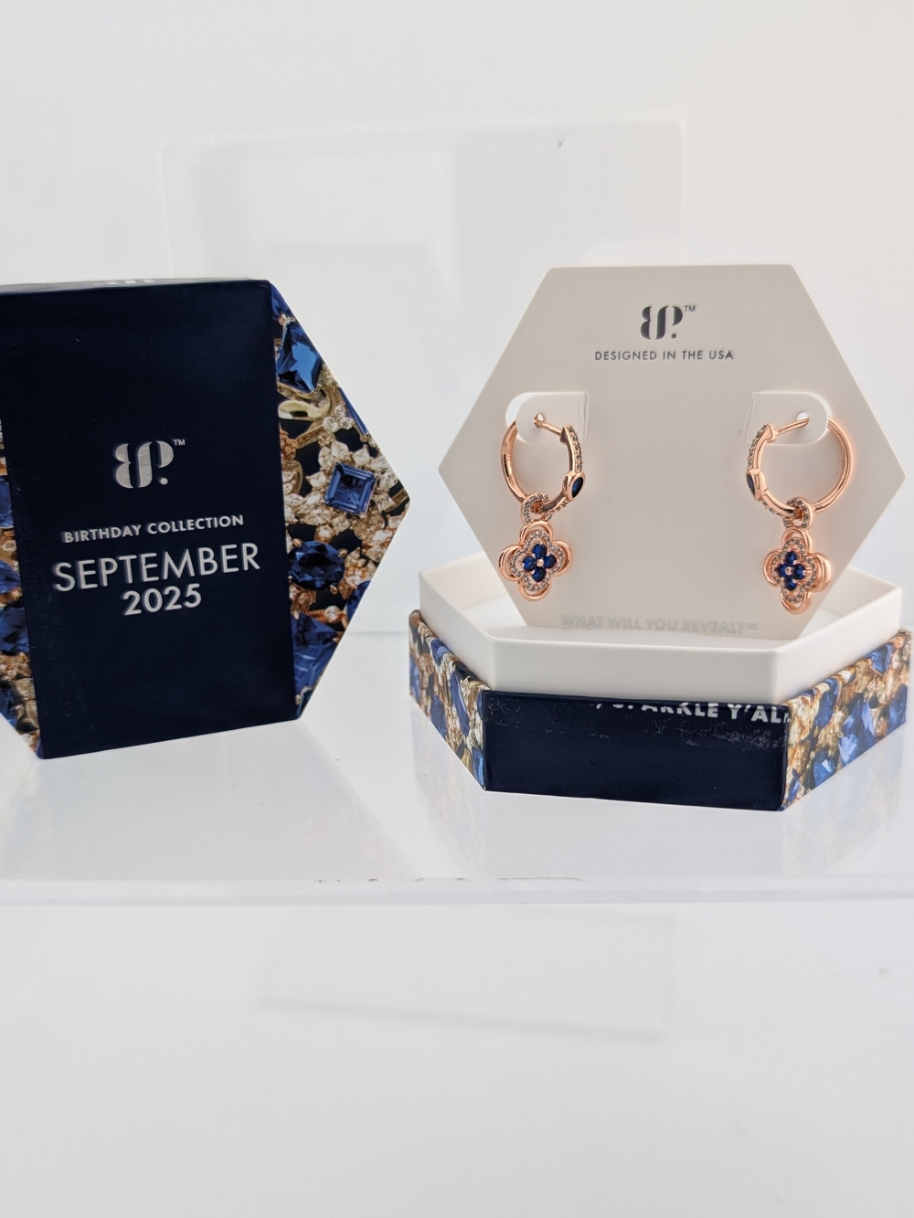 Rose Gold Hoop Earrings with Blue Flower Charm by 8P - September 2025